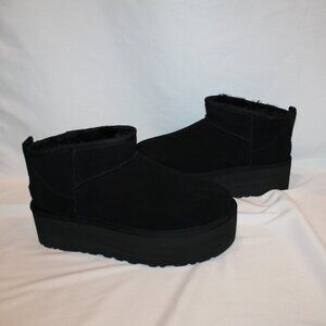 NEW UGG WOMEN'S ULTRA MINI SUEDE SHEARLING LINED PLATFORM‎ BOOTS BLACK